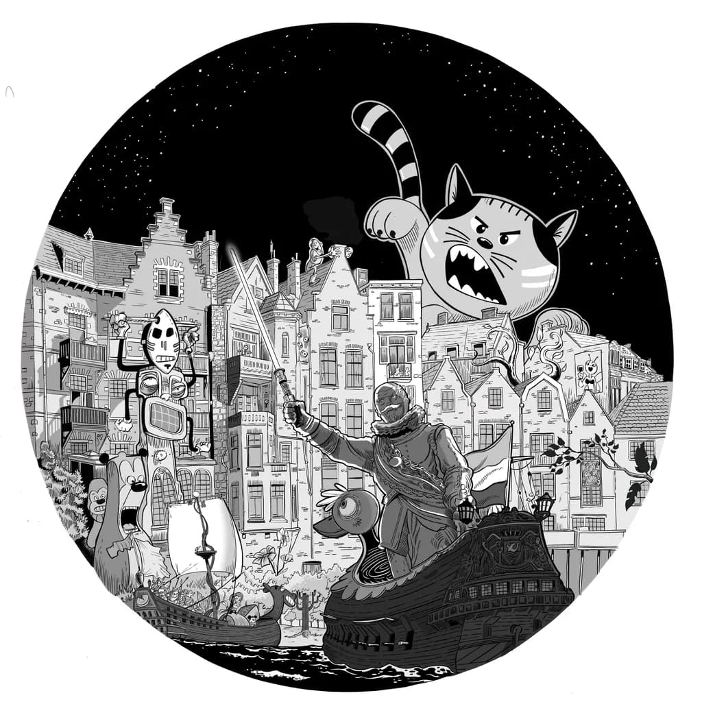 Whimsical Nighttime Adventure: A Fantasy Illustration of Characters and Creatures in a Dreamlike Cityscape