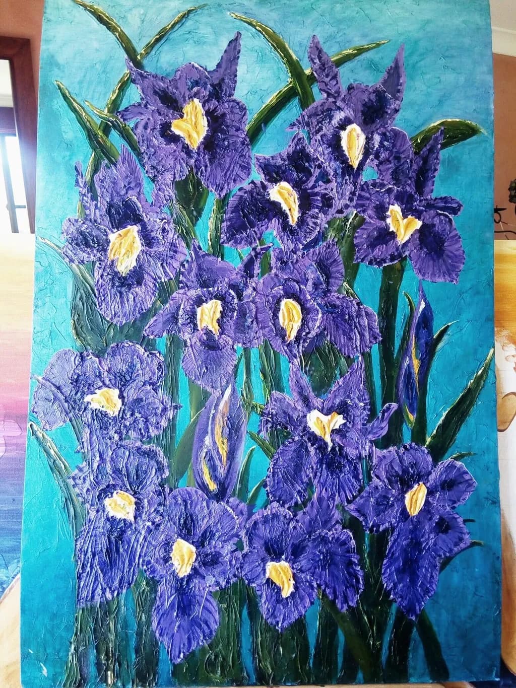 Whispers of the Iris: A Vibrant Dance of Purple Blooms on Turquoise Canvas