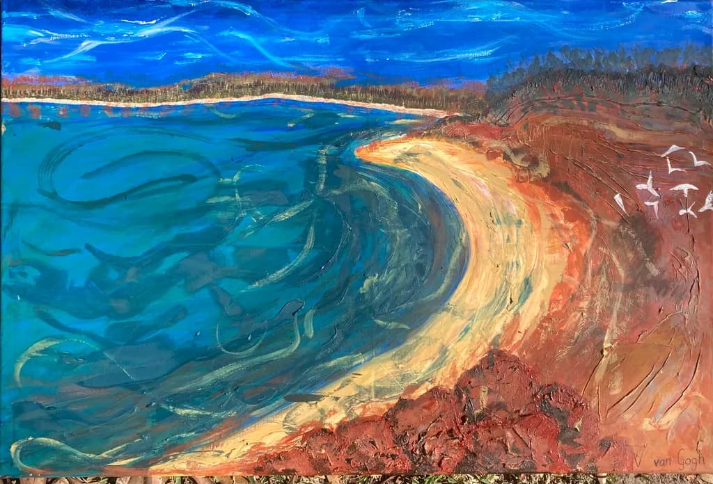 Serene Coastal Escape: A Vibrant Abstract Landscape of Blue Waters and Golden Sands
