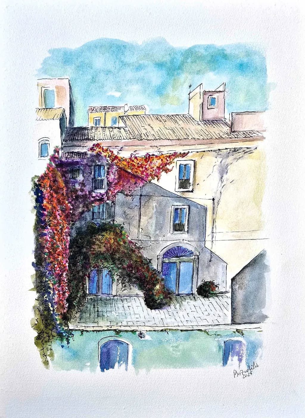 Whispers of Color: A Serene Italian Courtyard in Watercolor