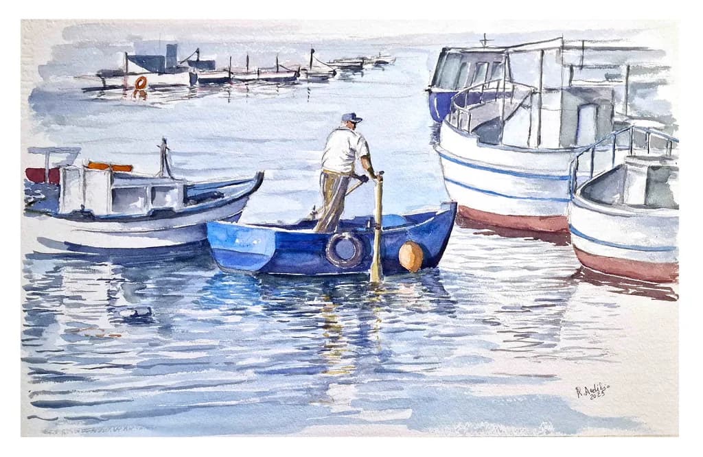 Serenity on the Water: A Fisherman’s Journey in Gentle Hues