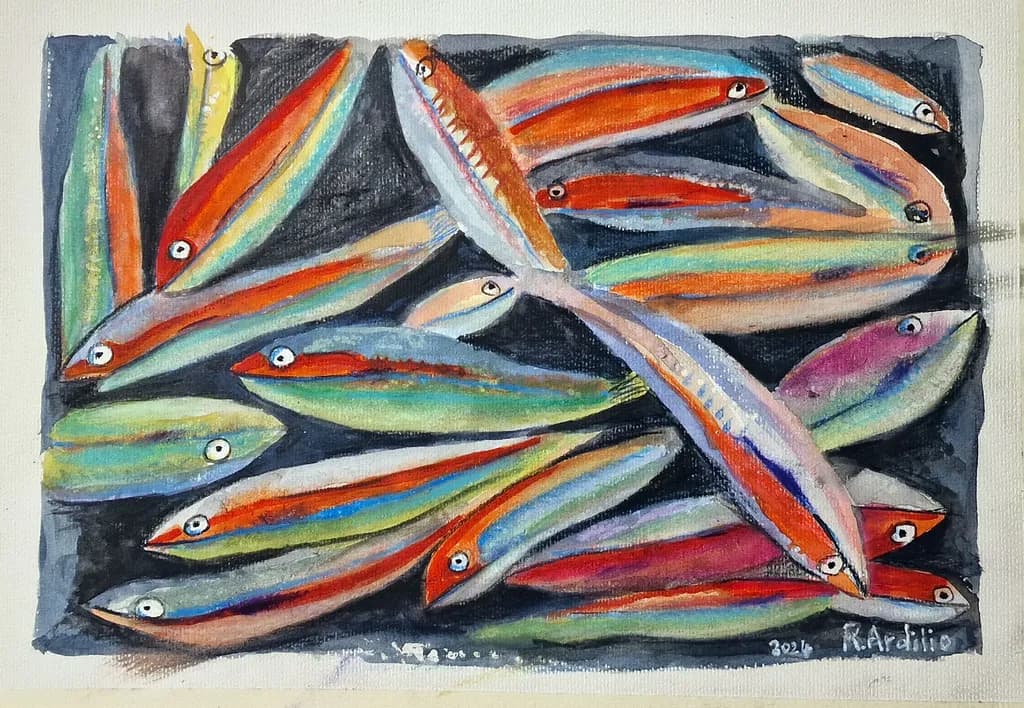 Vibrant School of Fish: A Colorful Underwater Dance in Watercolor Art