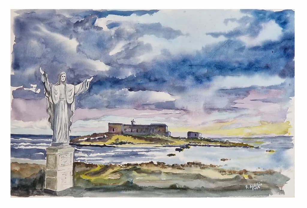 Serenity by the Coast: A Watercolor Landscape of Clouds and Statues