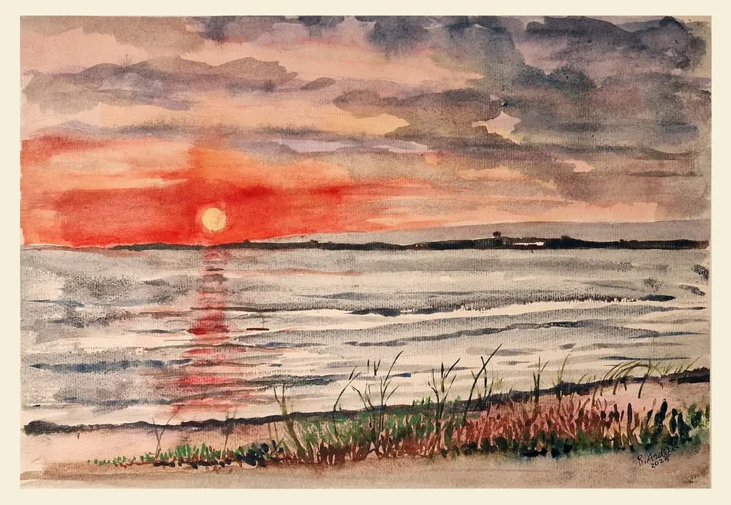 Serene Sunset Over Tranquil Waters: A Watercolor Reflection of Nature's Beauty