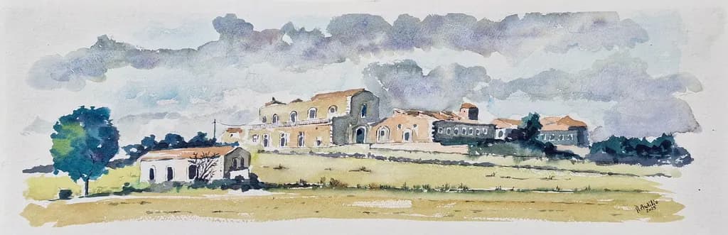 Whispers of Nature: A Serene Watercolor Landscape of Architecture and Clouds