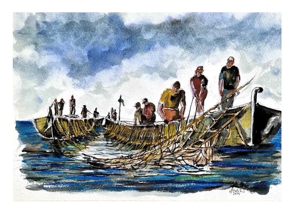 Fishermen at Work: A Watercolor Tribute to Coastal Life