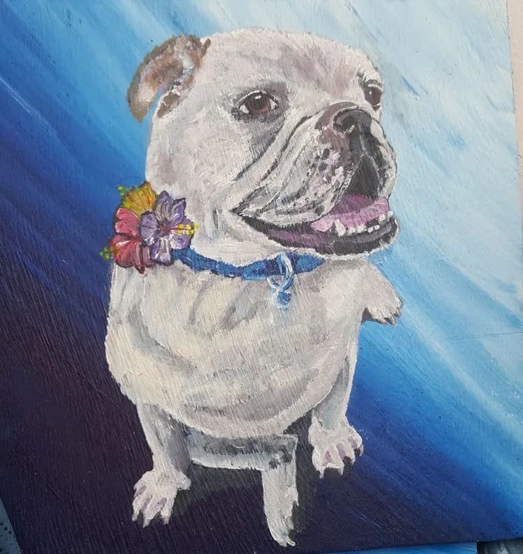 Whimsical Blue Portrait of a Playful Dog with Floral Accents