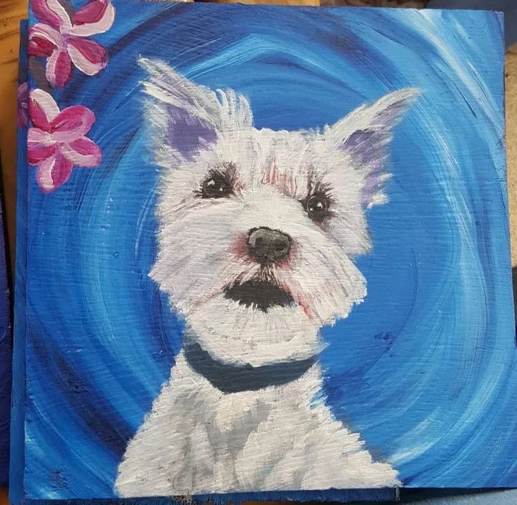 Whimsical Whiskers: A Playful Portrait of a West Highland Terrier Amidst Blossoms and Blue Swirls