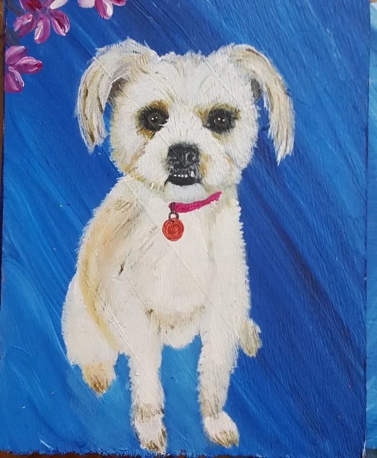 Whimsical White Dog Portrait: A Playful Expression in Vibrant Blue Background