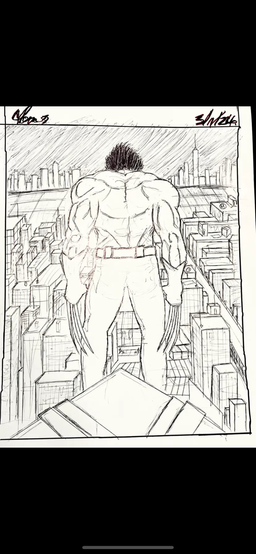 Urban Hero: A Bold Sketch of Strength and Perspective in the Cityscape