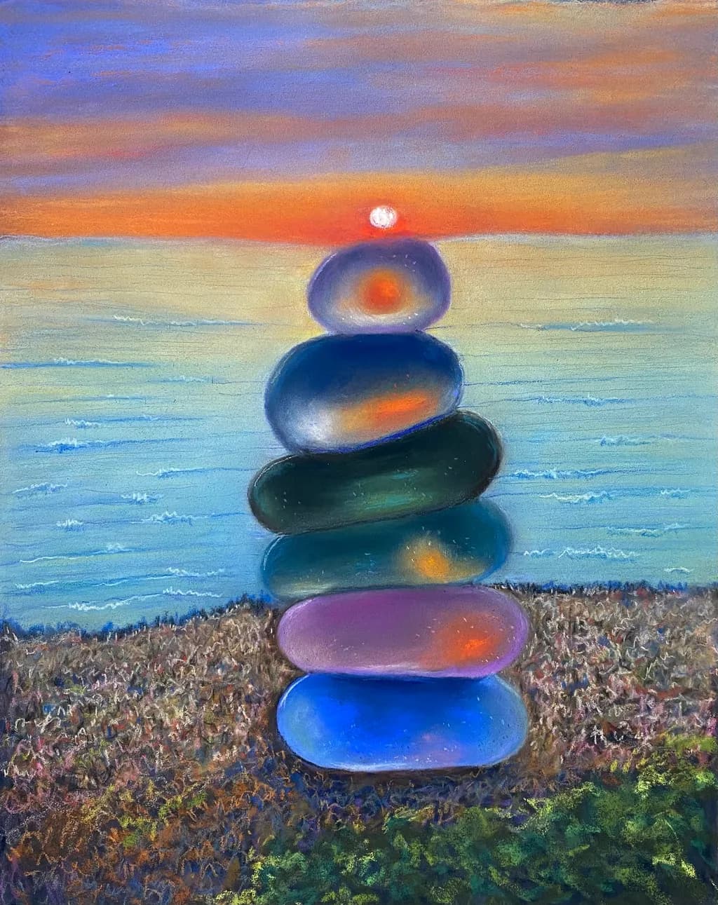 Serenity Stacked: A Tranquil Sunset Over Oceanic Stones