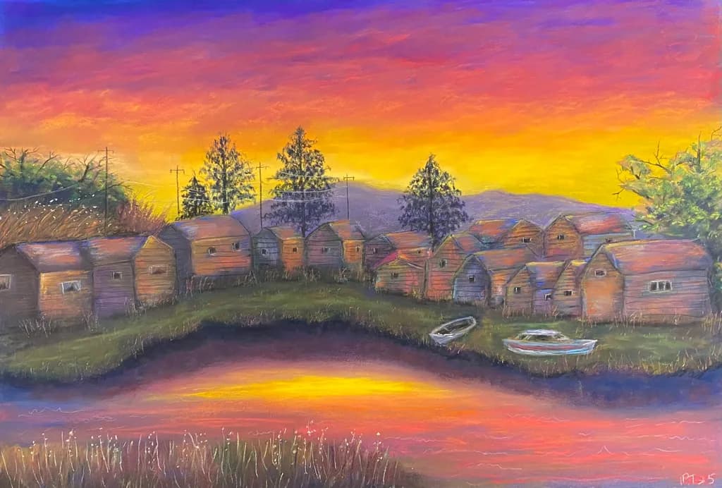 Whispers of Dusk: Tranquil Reflections in a Colorful Village Landscape