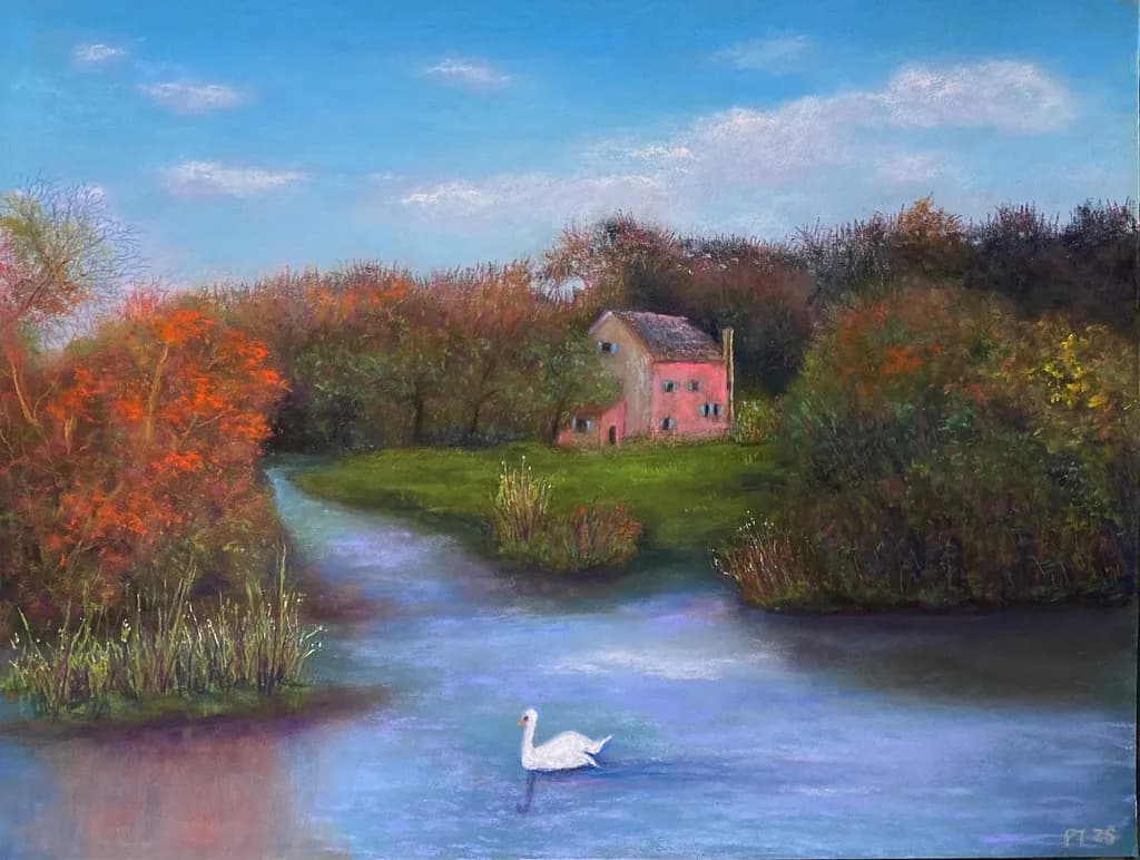 Whispers of Autumn: A Serene Landscape with a Graceful Swan