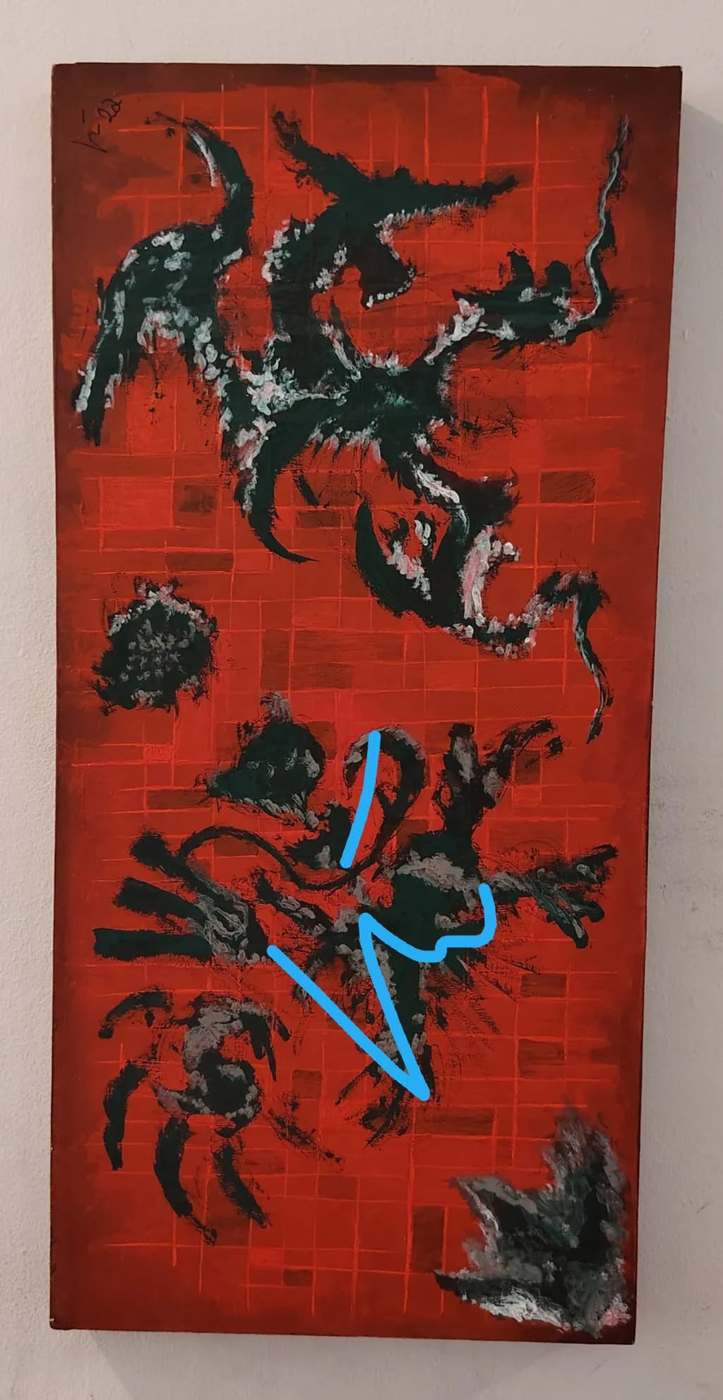 Vibrant Chaos: A Dance of Shadows on Fiery Red Canvas