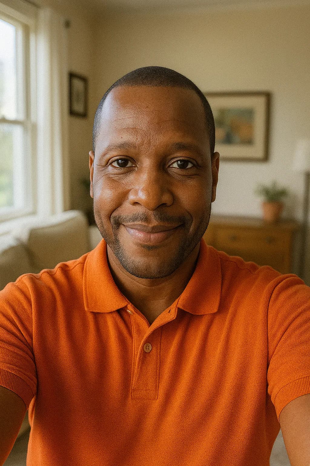 Cheerful Portrait in Orange: A Moment of Joy Indoors