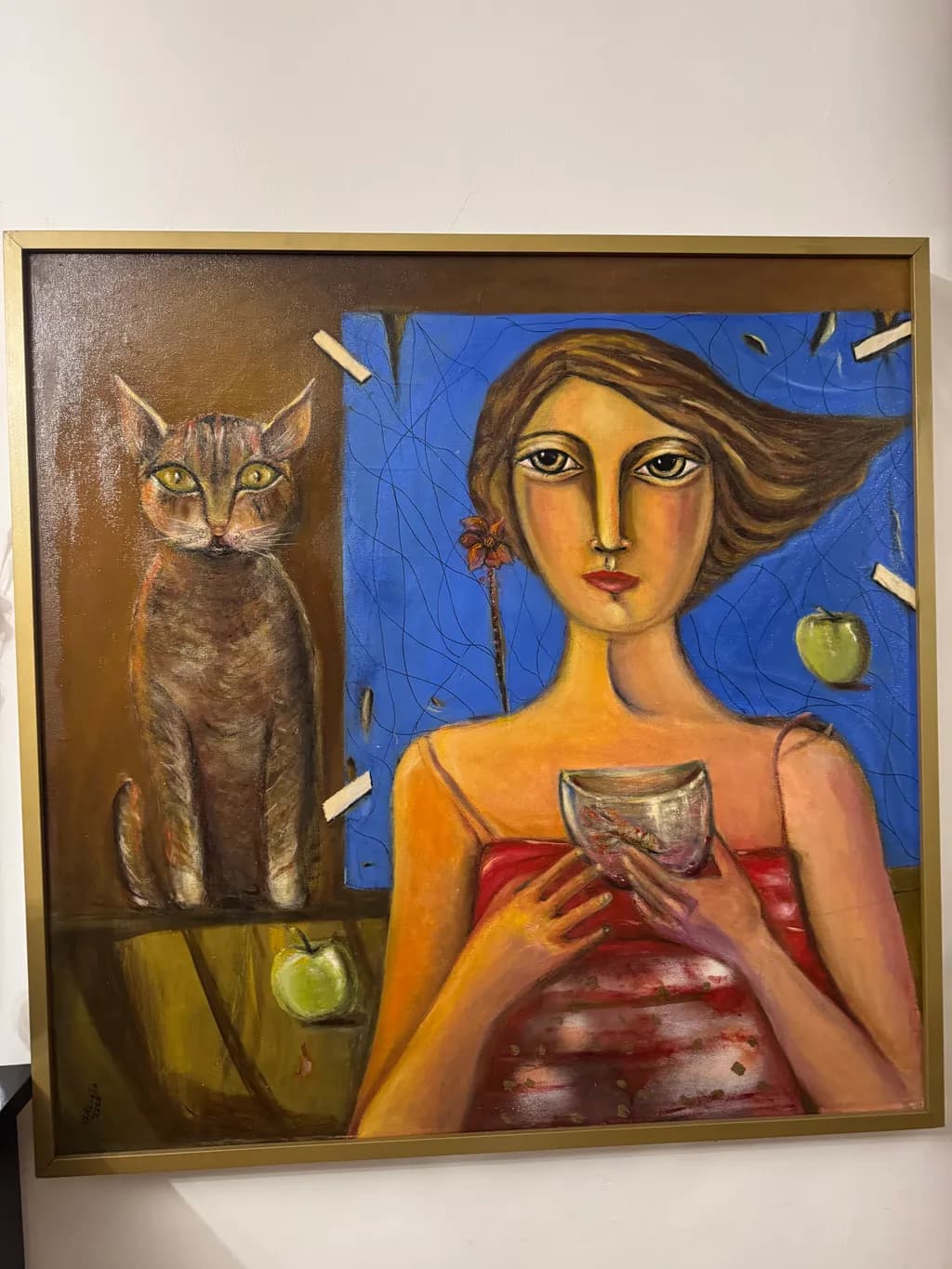 Whispers of Color: A Portrait of Serenity with Cat and Still Life Elements