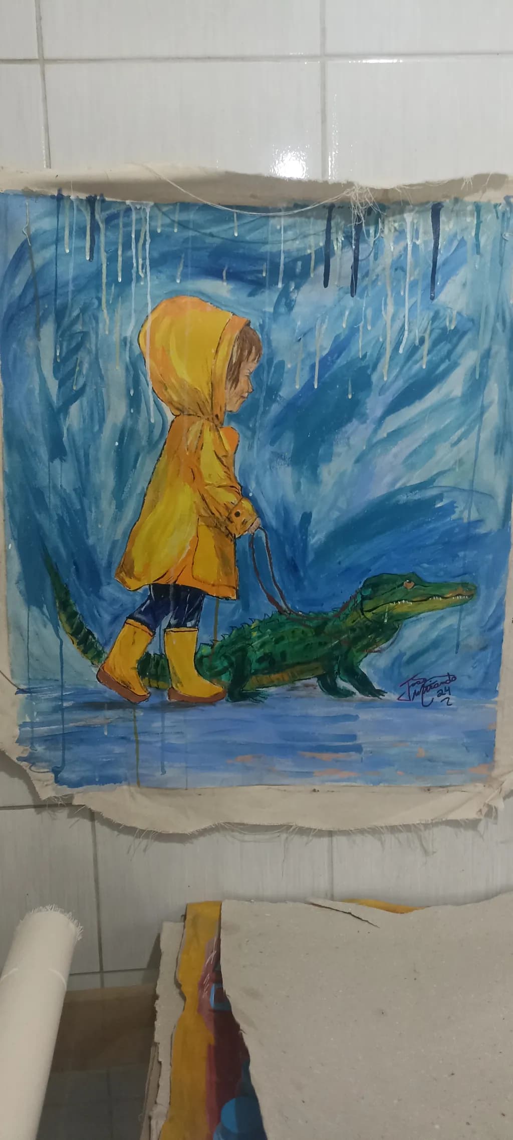 Whimsical Adventures: A Child in Yellow Raincoat Walking a Crocodile Through a Rainy Wonderland