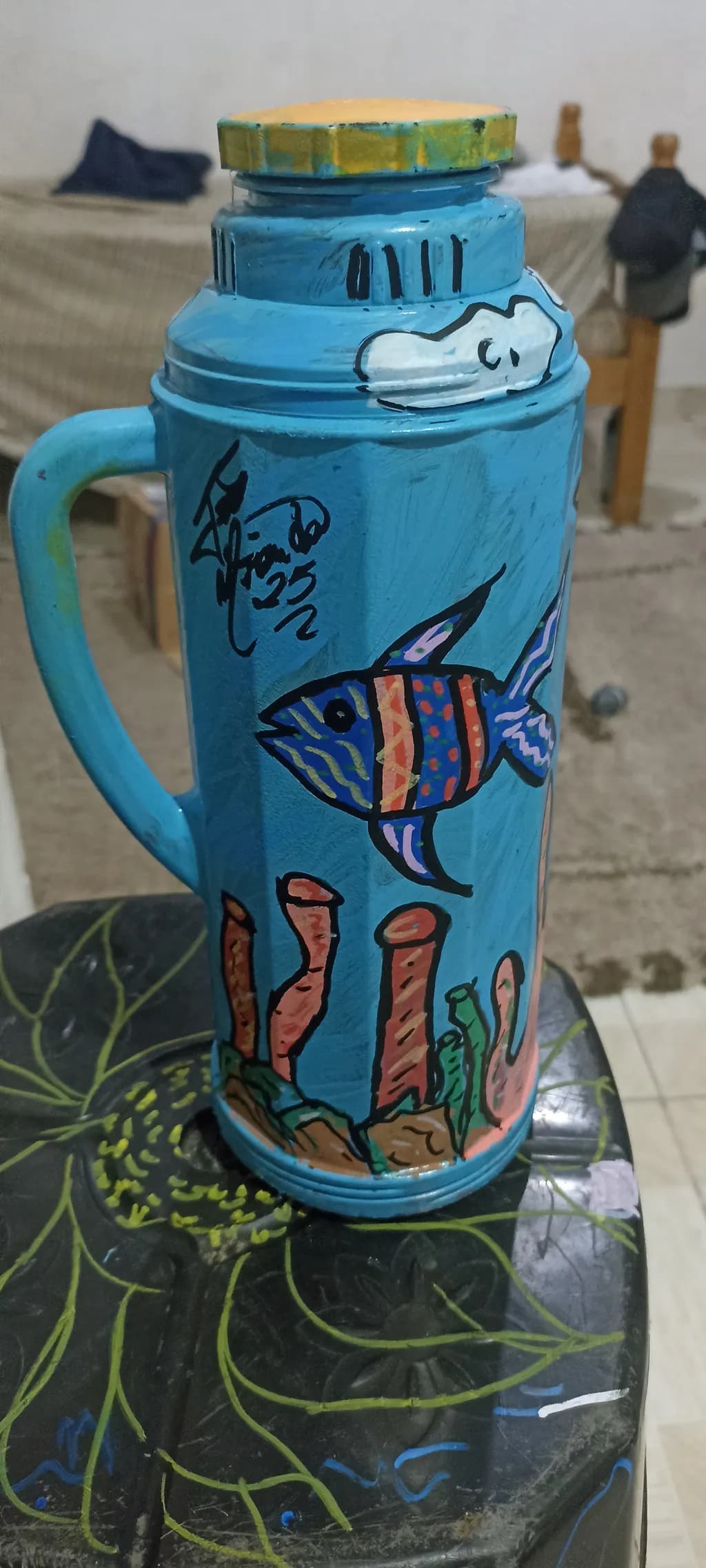 Vibrant Ocean Dreams: Hand-Painted Fish and Coral Art on a Unique Water Jug