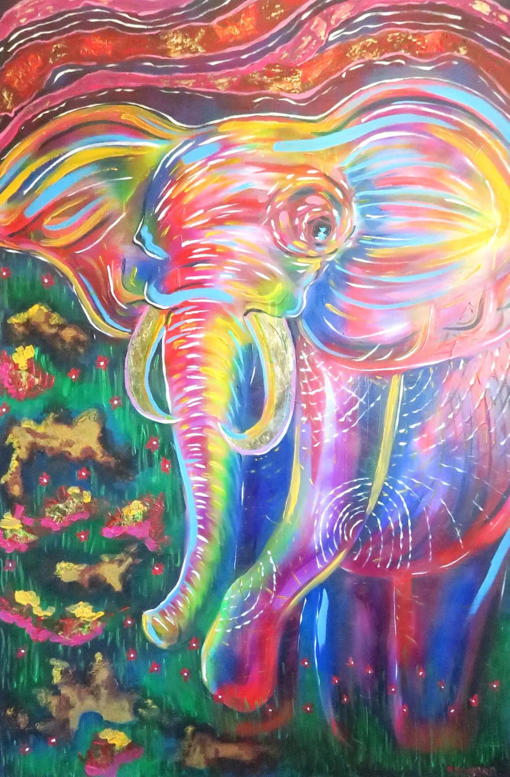 Vibrant Majesty: A Colorful Elephant in a Dreamlike Landscape