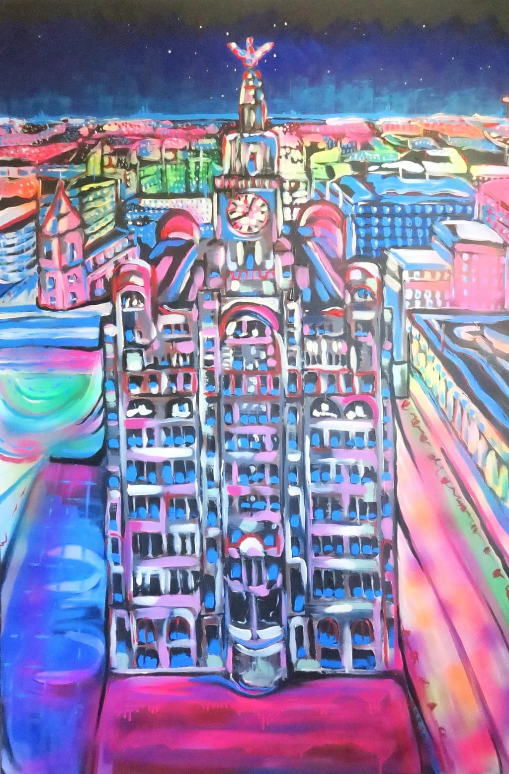 Vibrant Nightscape: The Iconic Skyline of Liverpool in Colorful Brushstrokes