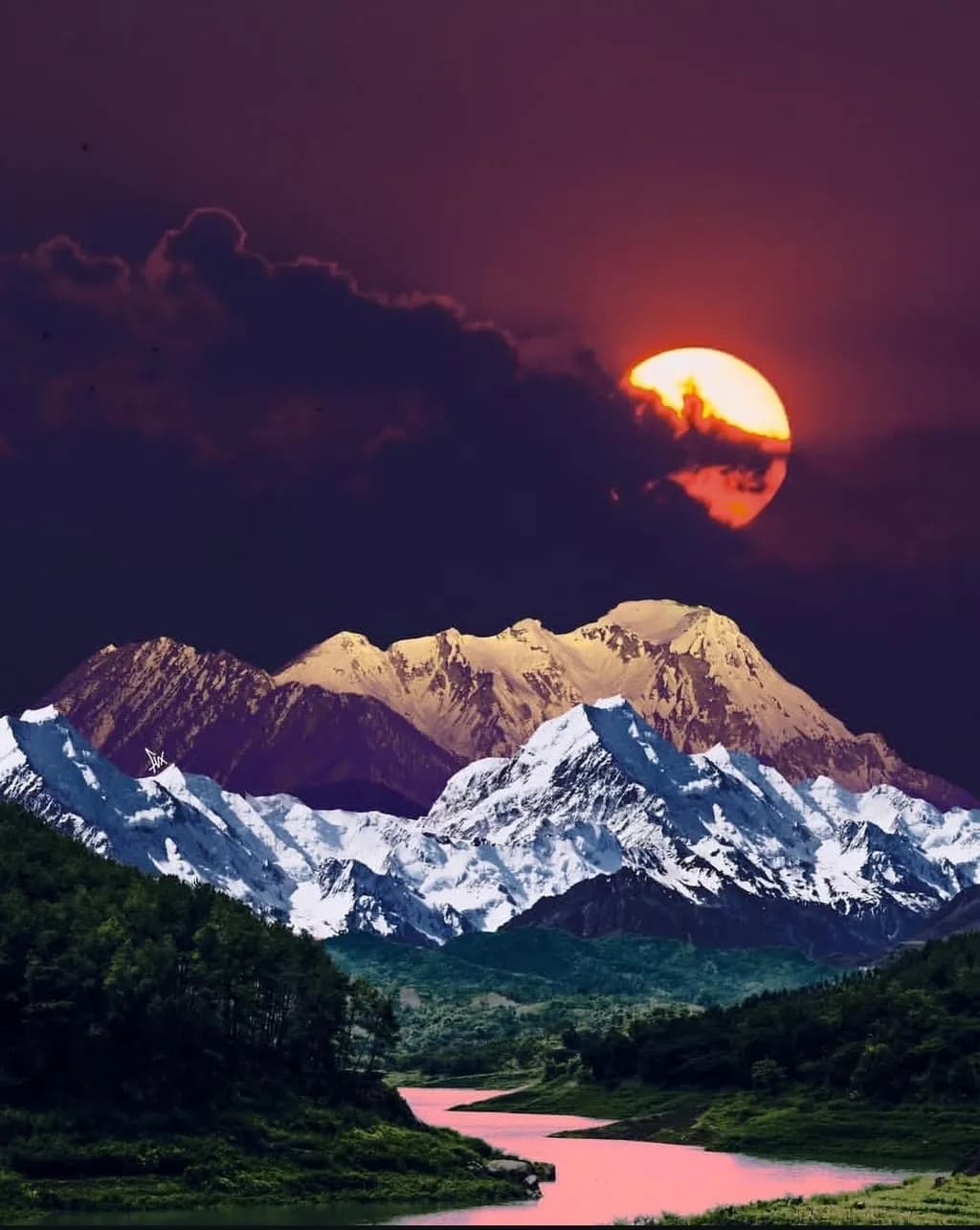 Ethereal Sunset Over Majestic Mountains: A Dreamlike Landscape Journey