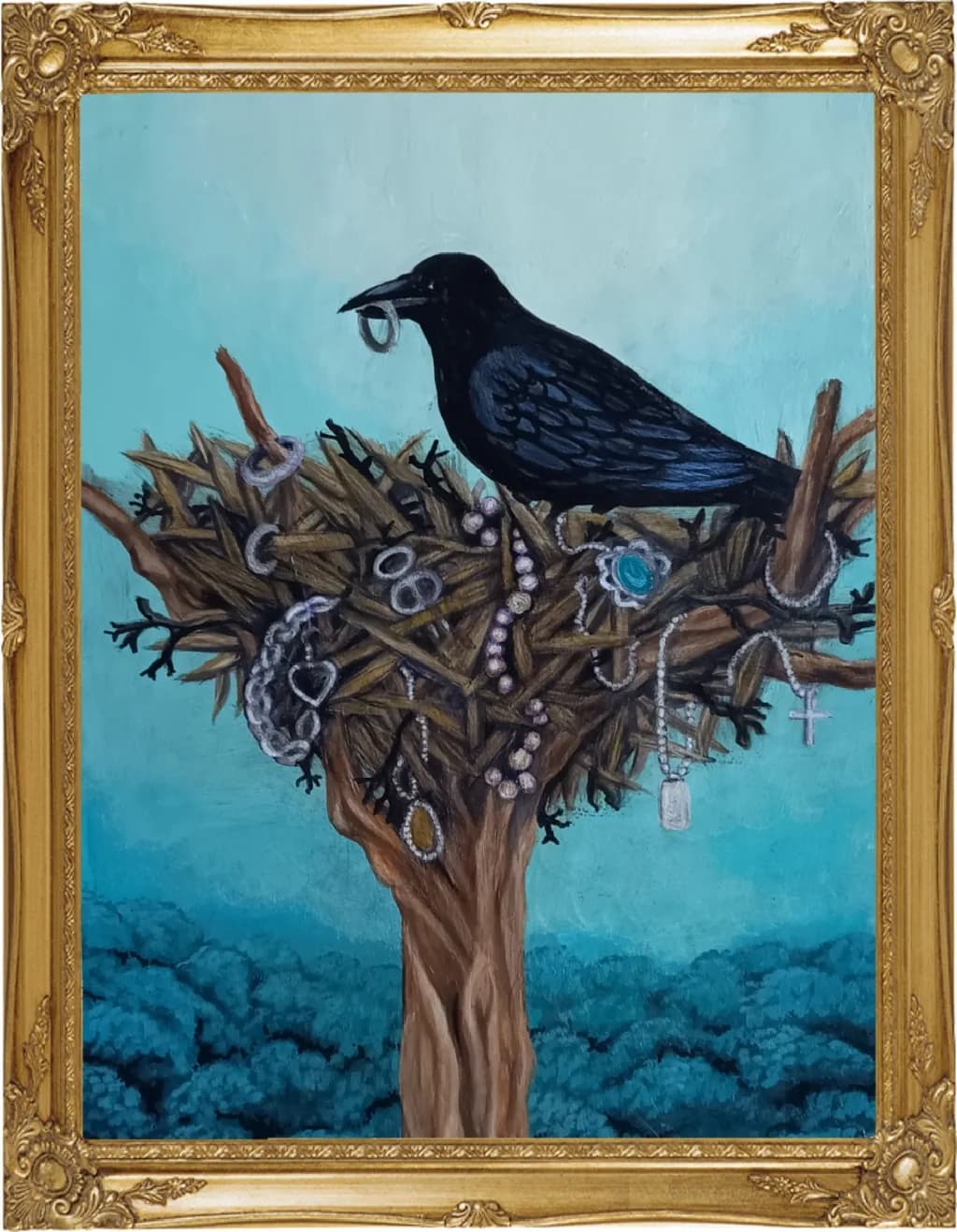 Nest of Treasures: A Crow's Ornate Collection of Jewelry and Secrets