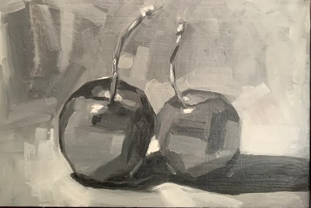 Monochrome Cherries: A Textured Still-Life Exploration of Shadows and Light