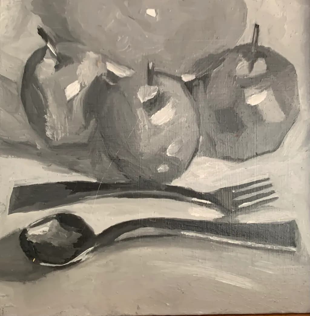 Whispers of Monochrome: A Still Life of Apples and Utensils
