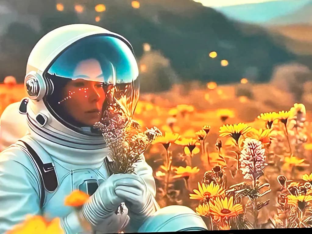 Cosmic Serenity: An Astronaut's Embrace of Earthly Blooms in a Celestial Landscape