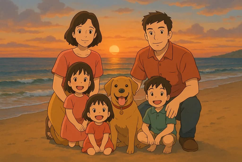 Sunset Joy: A Family's Beach Day with Their Beloved Pet