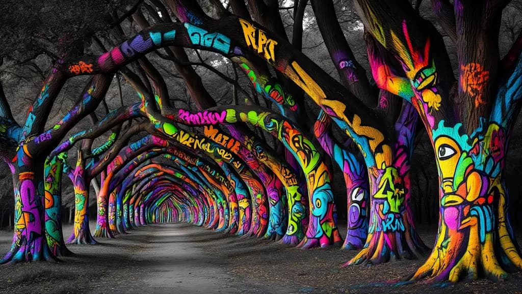 Vibrant Shadows: A Graffiti-Laden Path Through Nature's Canvas