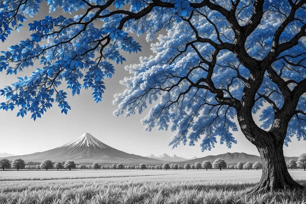 Blue-Leafed Tree Against Monochrome Mountainscape