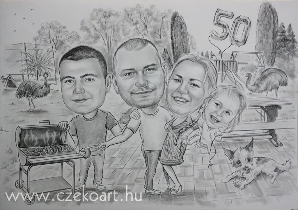 Family BBQ Celebration: A Whimsical 50th Birthday Caricature with Laughter and Love