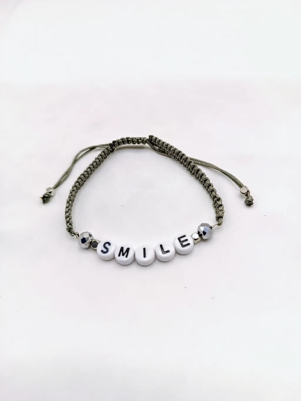  Handmade Macramé Smile Bracelet — Adjustable Cord, Glass Beads, Metal Spacer Beads 