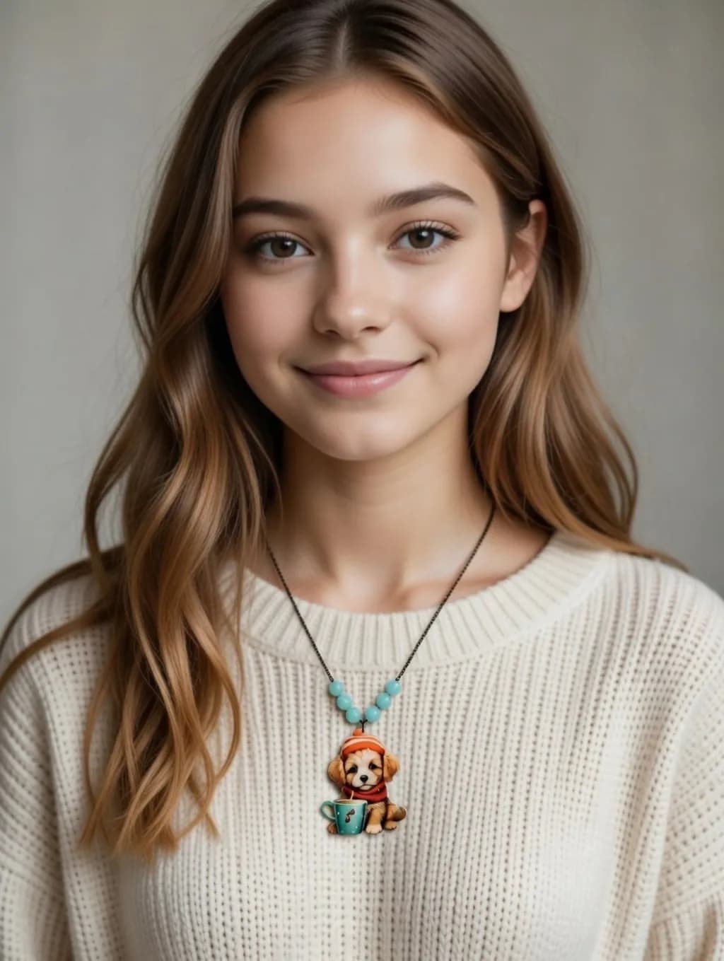 Necklace with dog, chain, and light blue beads