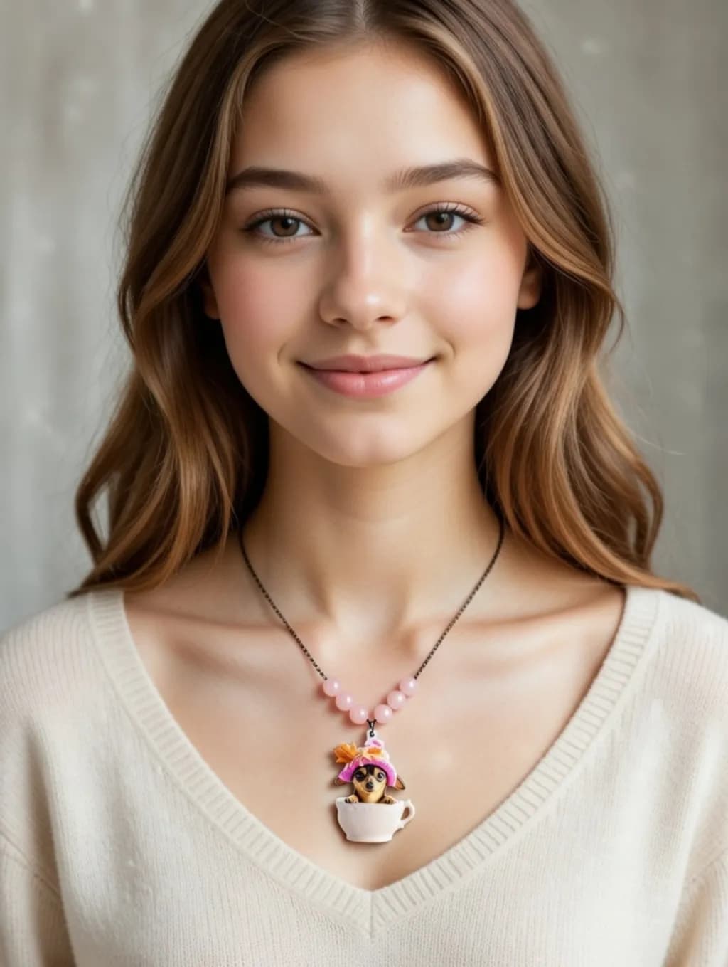 Necklace with chain, pink beads, and a pupie charm