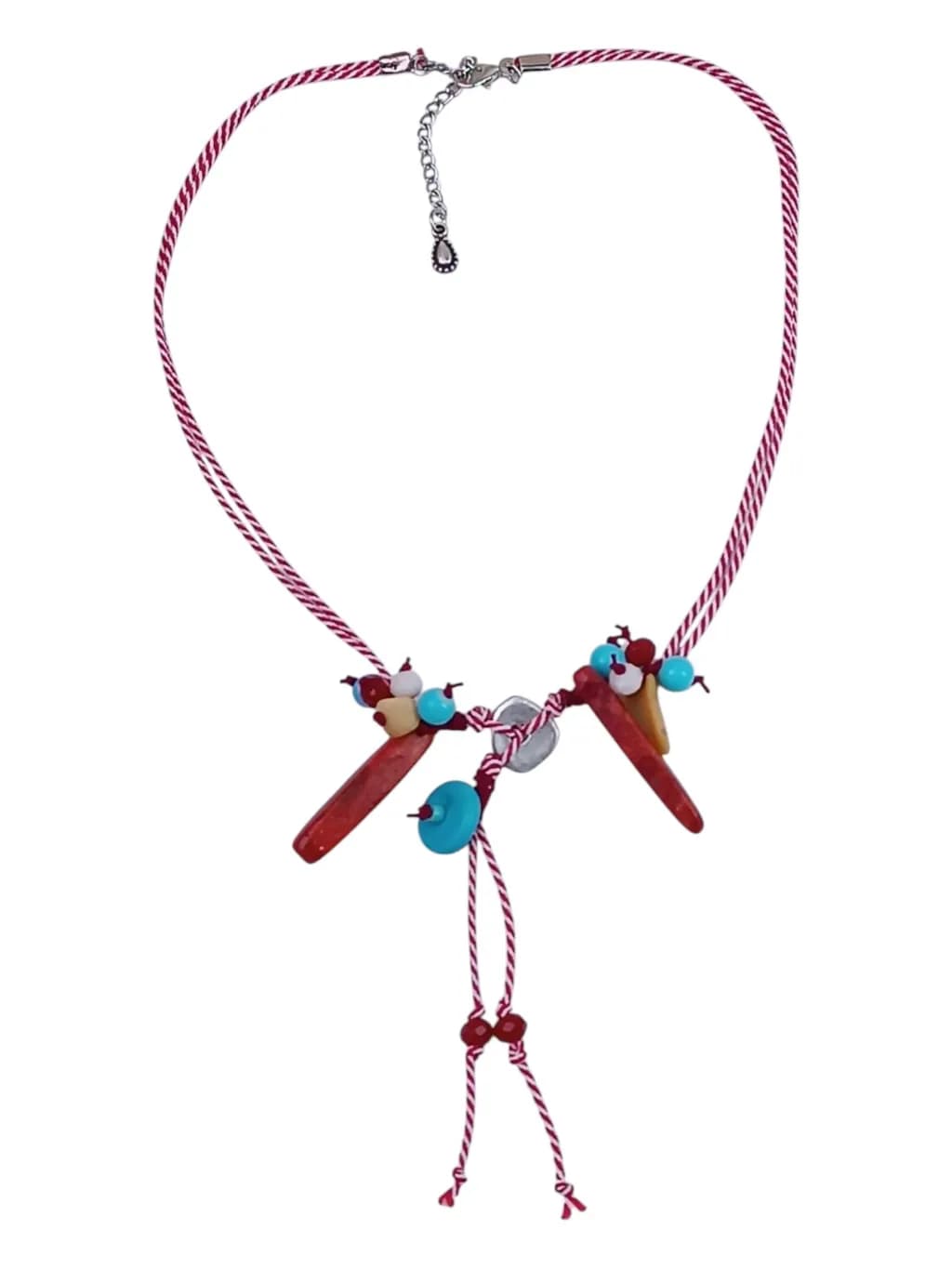 Adjustable Boho Y Shape Necklace Turquoise howlite Red Coral and Glass Beads Braided Cord Macrame Silver Accent Women's Jewelry