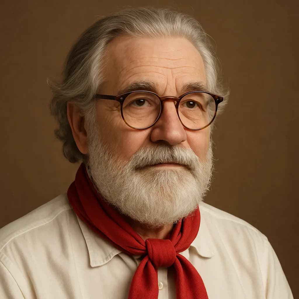 Serene Wisdom: A Portrait of an Elderly Man in Glasses and a Red Scarf