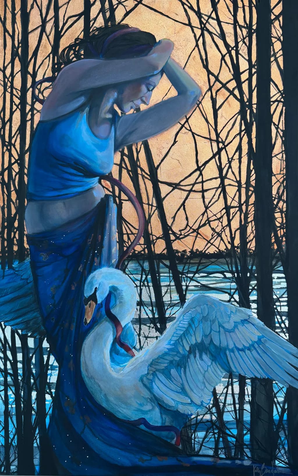 Whispers of Serenity: A Dance Between Woman and Swan at Dusk