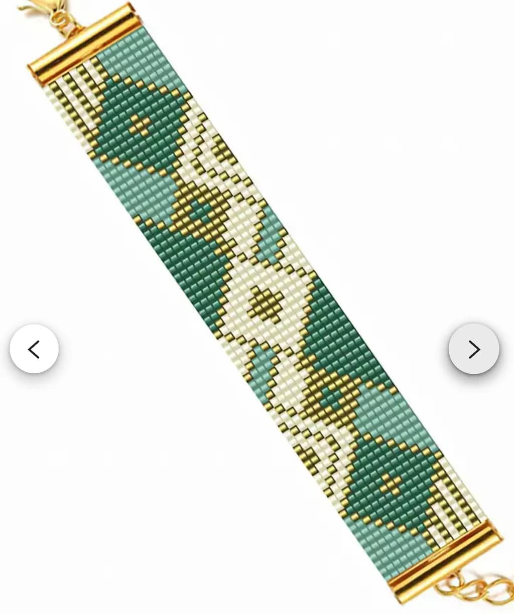 Bohemian Elegance: Handcrafted Beaded Bracelet with Geometric Floral Design in Teal and Gold