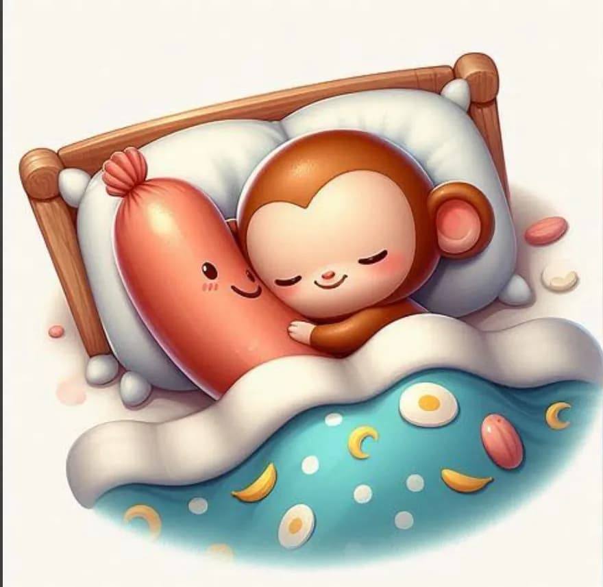 Cozy Dreams: A Playful Monkey Snuggles with a Sausage in a Whimsical Bedtime Scene