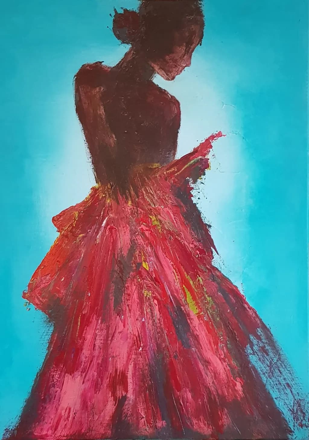Whispers of Elegance: A Dancer in Crimson Silhouette Against a Serene Blue Canvas