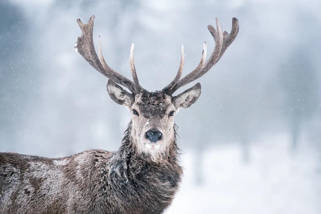 Majestic Winter Stag: A Portrait of Nature's Grace in Snowy Serenity
