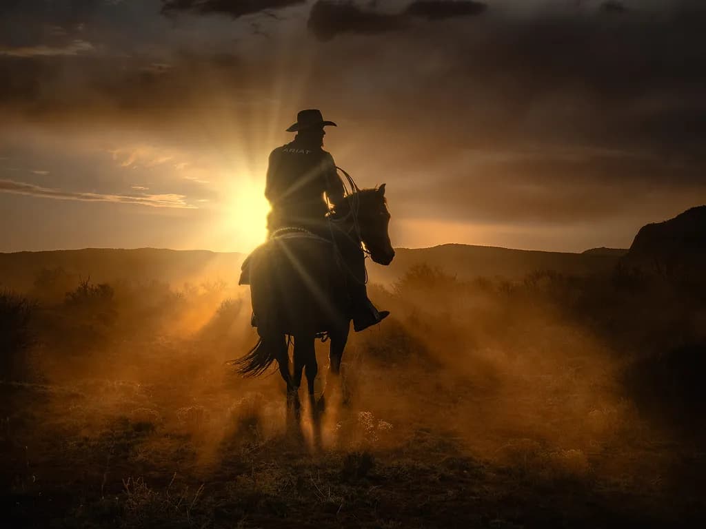 Riding into the Golden Horizon: A Cowboy's Journey at Dusk