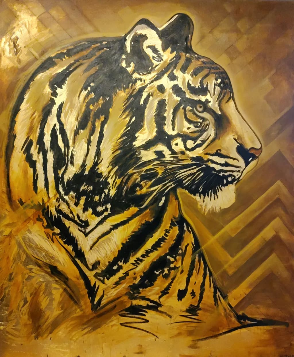 Majestic Gaze: A Golden Tiger Portrait in Bold Brushstrokes