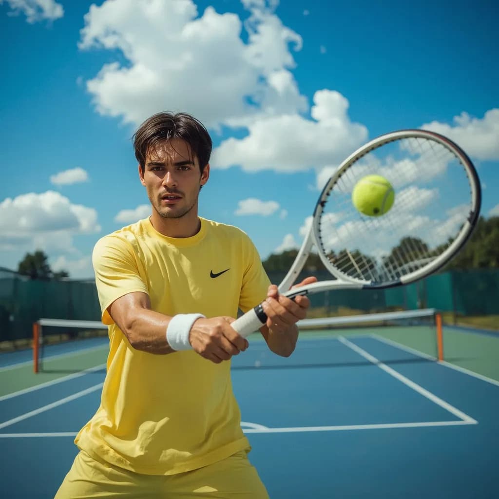 Dynamic Tennis Moment: A Young Athlete in Action Under a Bright Blue Sky