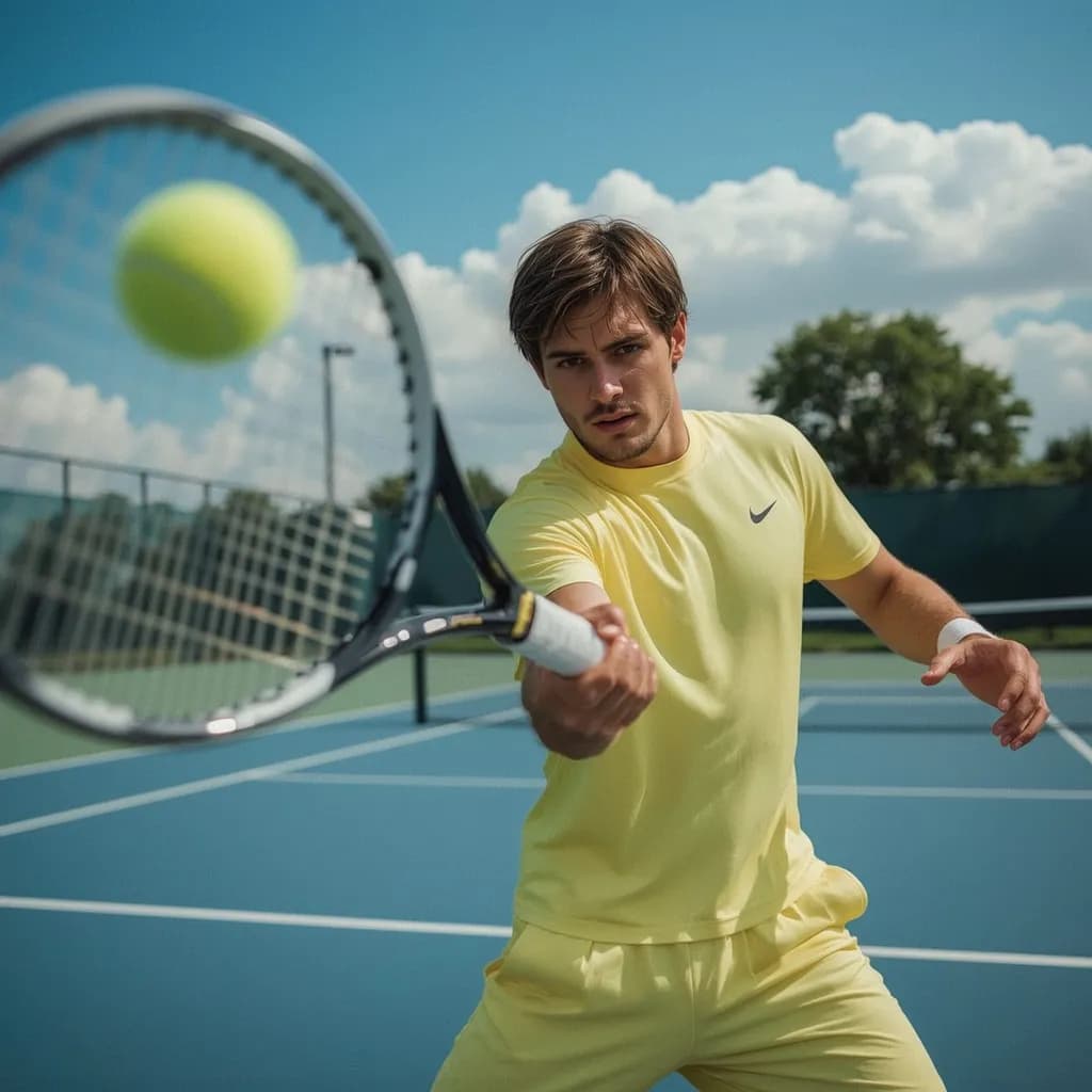 Dynamic Tennis Action: A Striking Moment in Yellow on the Court