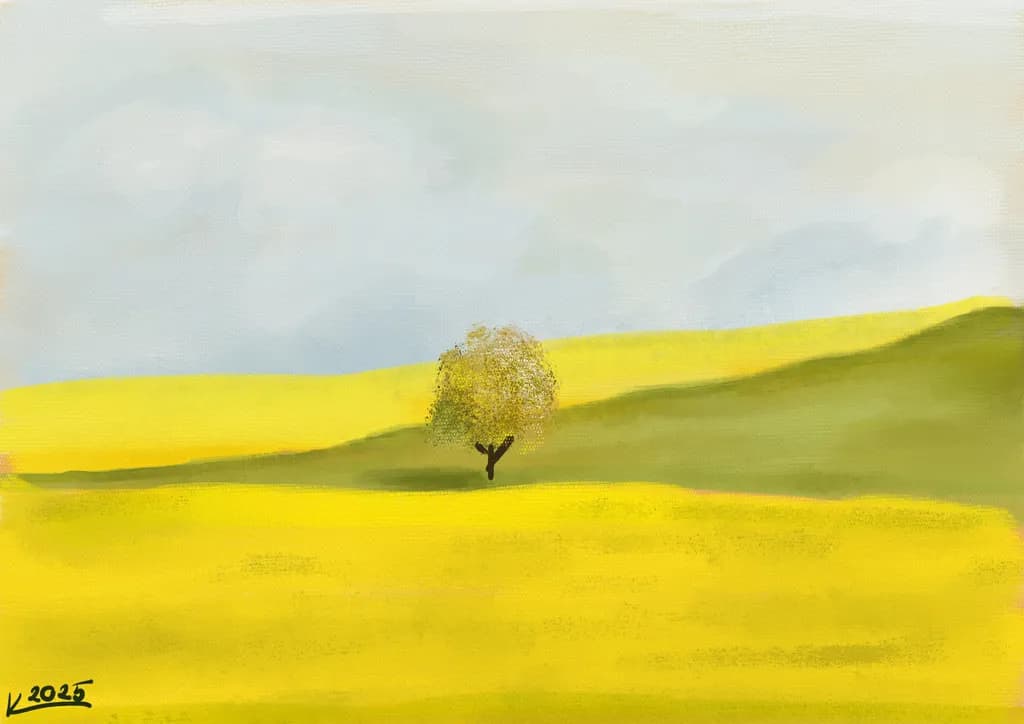 Golden Serenity: A Tranquil Landscape of Fields and Solitary Tree
