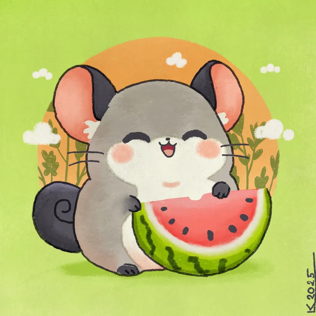 Whimsical Chinchilla Delight: A Playful Watermelon Feast in a Sunny Meadow