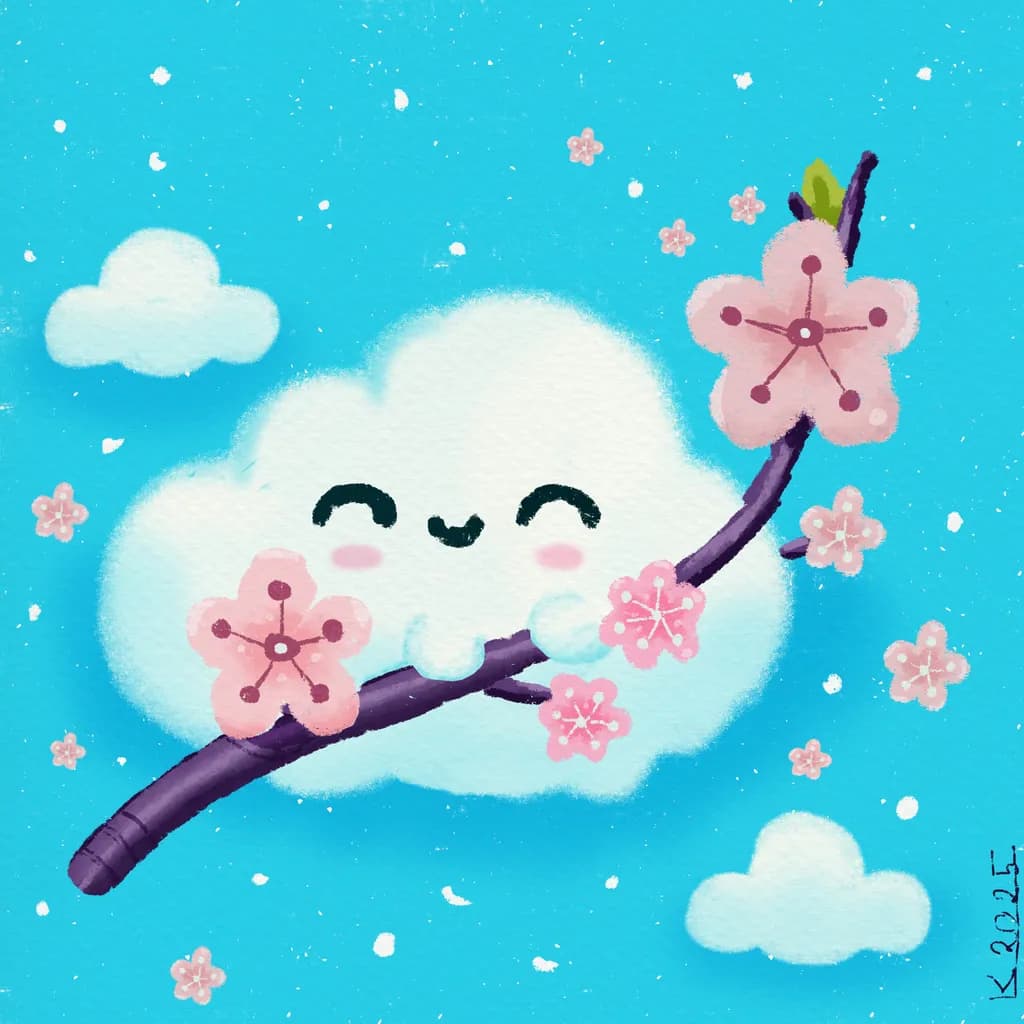 Whimsical Cloud Embracing Cherry Blossoms in a Sky of Dreams